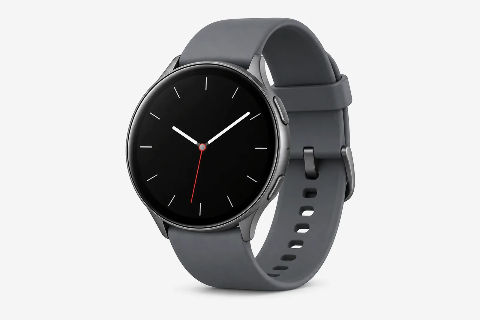 Galaxy Watch mit runder Anzeige und dunklem Sportarmband auf hellem Hintergrund