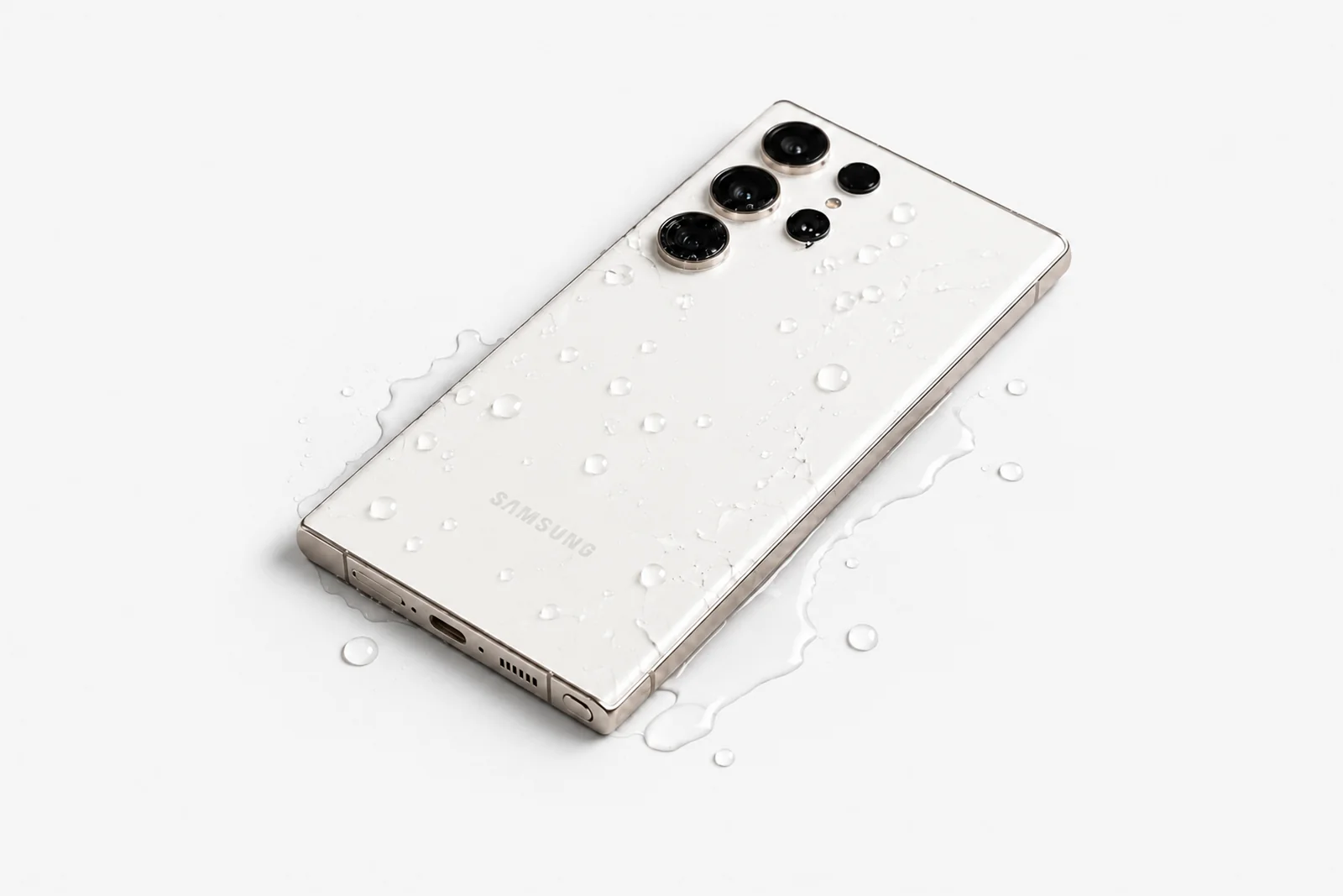 Weißes Samsung Galaxy S Ultra mit Wassertropfen auf der intakten Rückseite in einer flachen Wasserpfütze auf hellgrauem Hintergrund